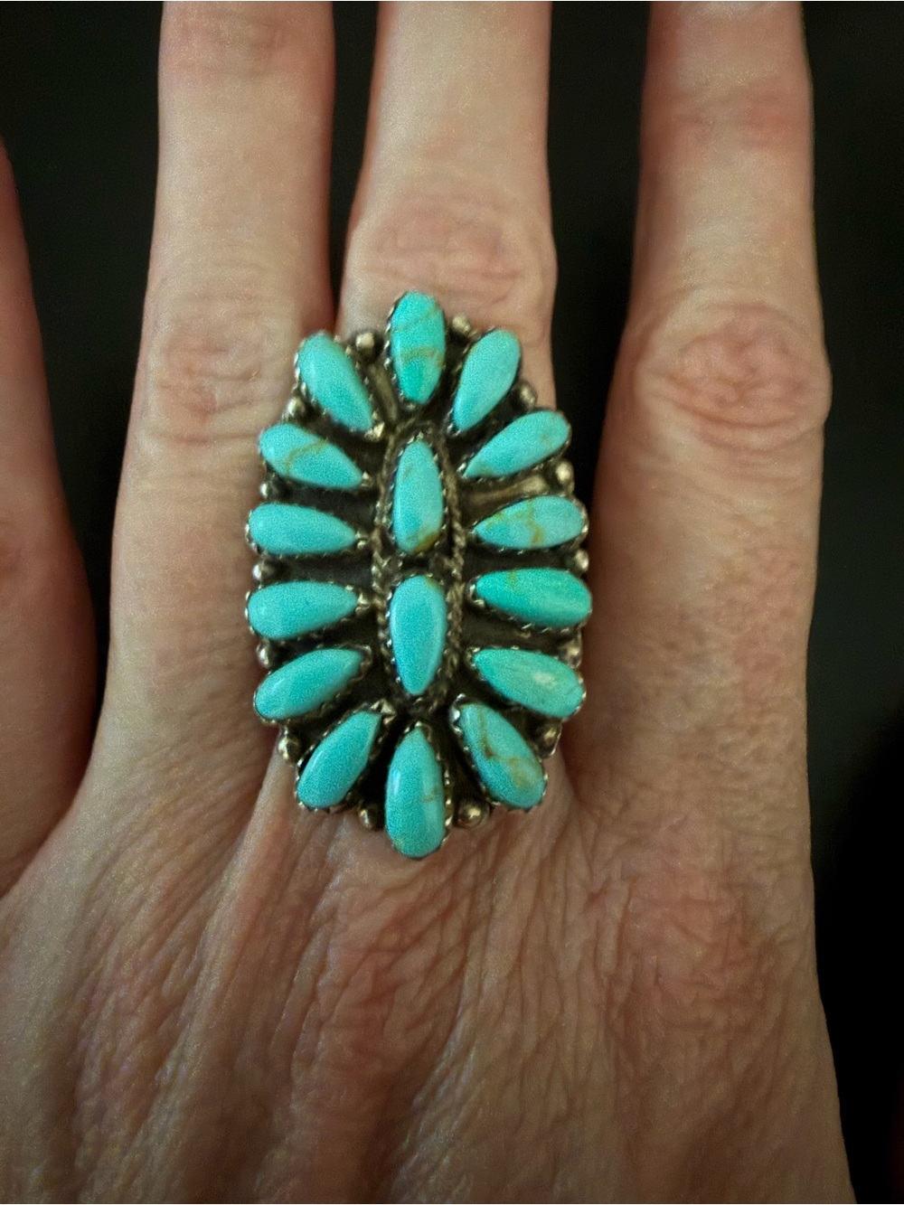 Vintage Navajo Petit Point Turquoise Sterling Silver Cluster Ring By Paul Jones